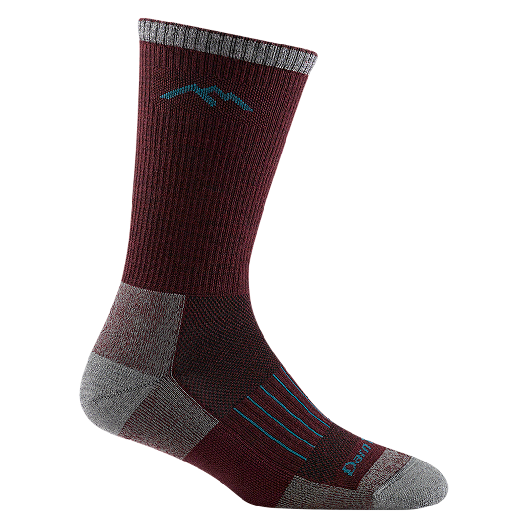 2102 women's hunting boot sock in color burgundy with light gray toe/heel accents and blue vertical striping on forefoot