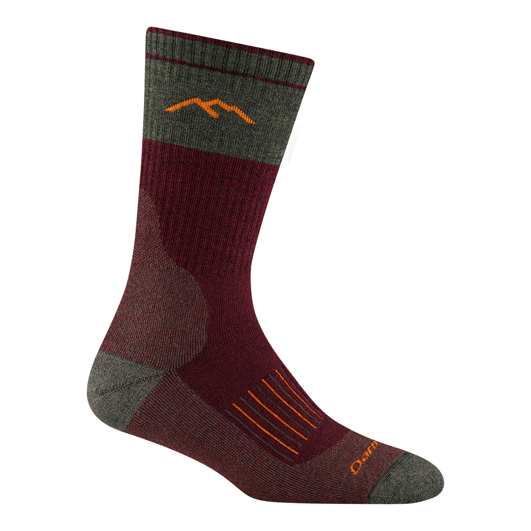 2104 women's hunting boot sock in ember with heather green toe/heel and color block on top-half of calf with orange logo and striping on top of foot
