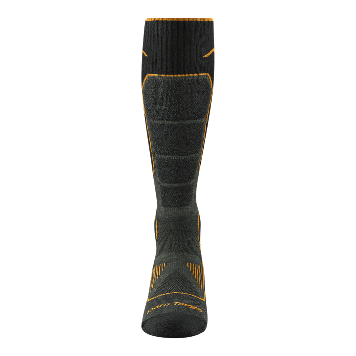 Front image of the 2116 Men's over the calf hunting sock in forest featuring the calf cushioned area and flex area on top of foot