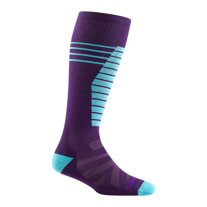 3029 kids edge over-the-calf ski sock in color purple nightshade with light blue toe/heel accents and striping on shin