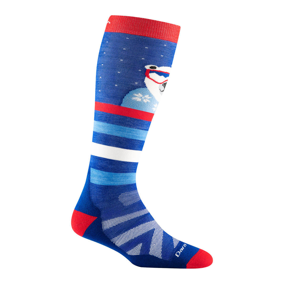 3039 kid's polar patroller over-the-calf ski sock in marine blue with red toe/heel accents and white polar bear on shin