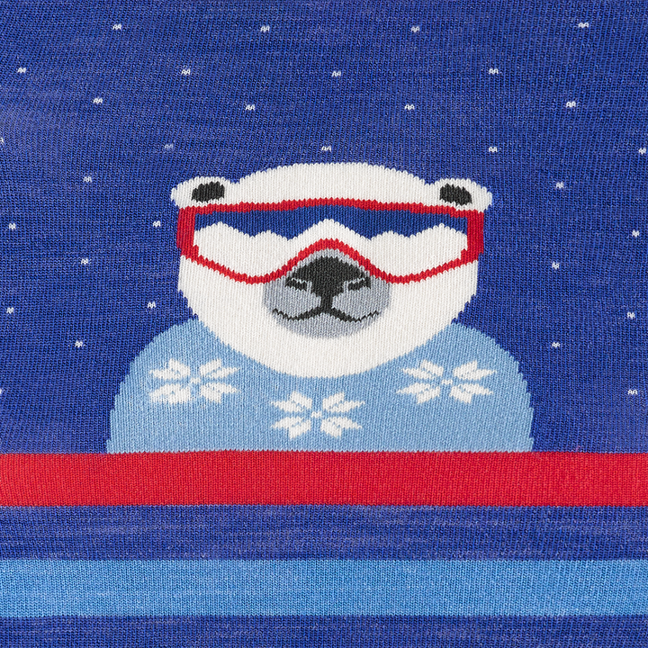 Kid's polar patroller over-the-calf snow sock in marine blue with a white polar bear wearing red snow goggles