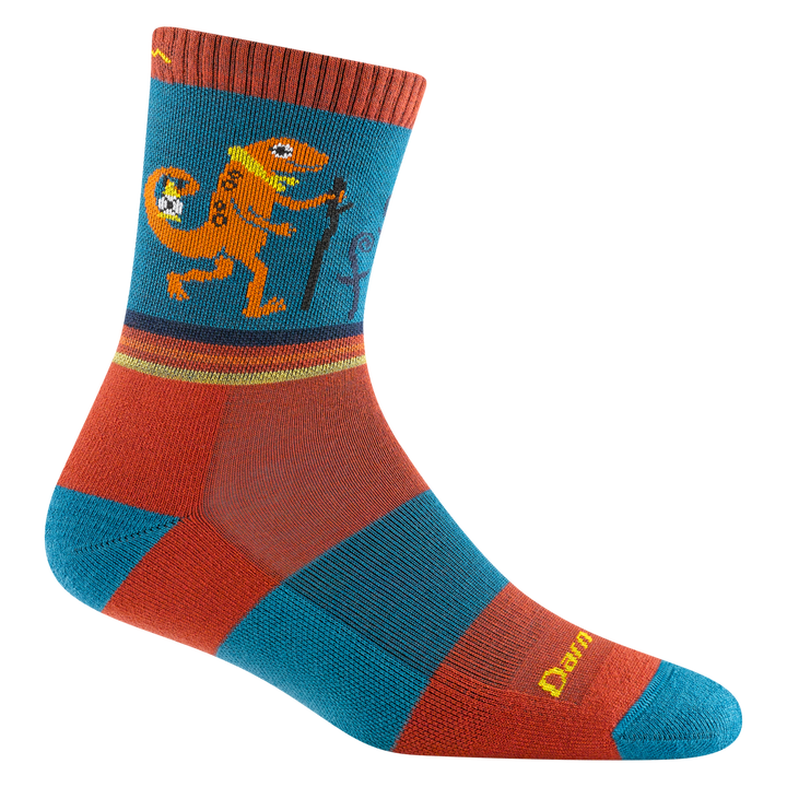 3043 sal Micro crew in lava, featuring the teall heel/toe/ band with an orange body and a hiking lizard on the cuff