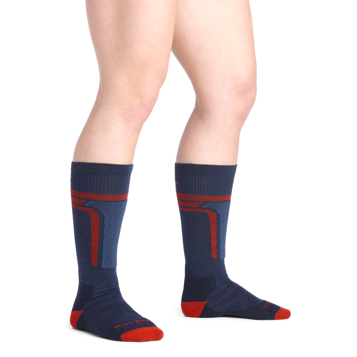 on model image bare foot wearing the 3810 T-Bar over the calf sock in Midnight colorway