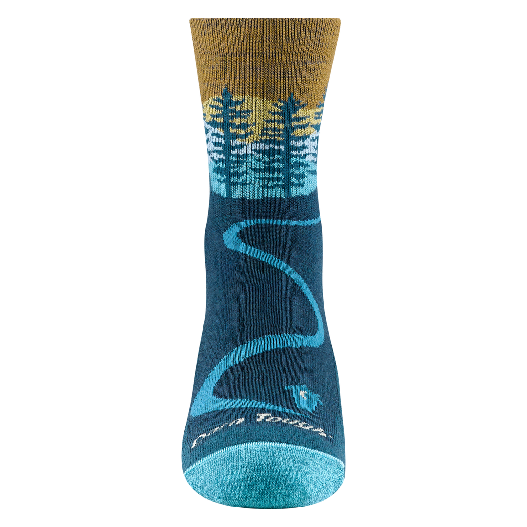 front view of the 5013 in Dark teal with a blue cabin on top of toes and path up the in step