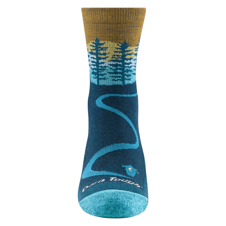 front view of the 5013 in Dark teal with a blue cabin on top of toes and path up the in step