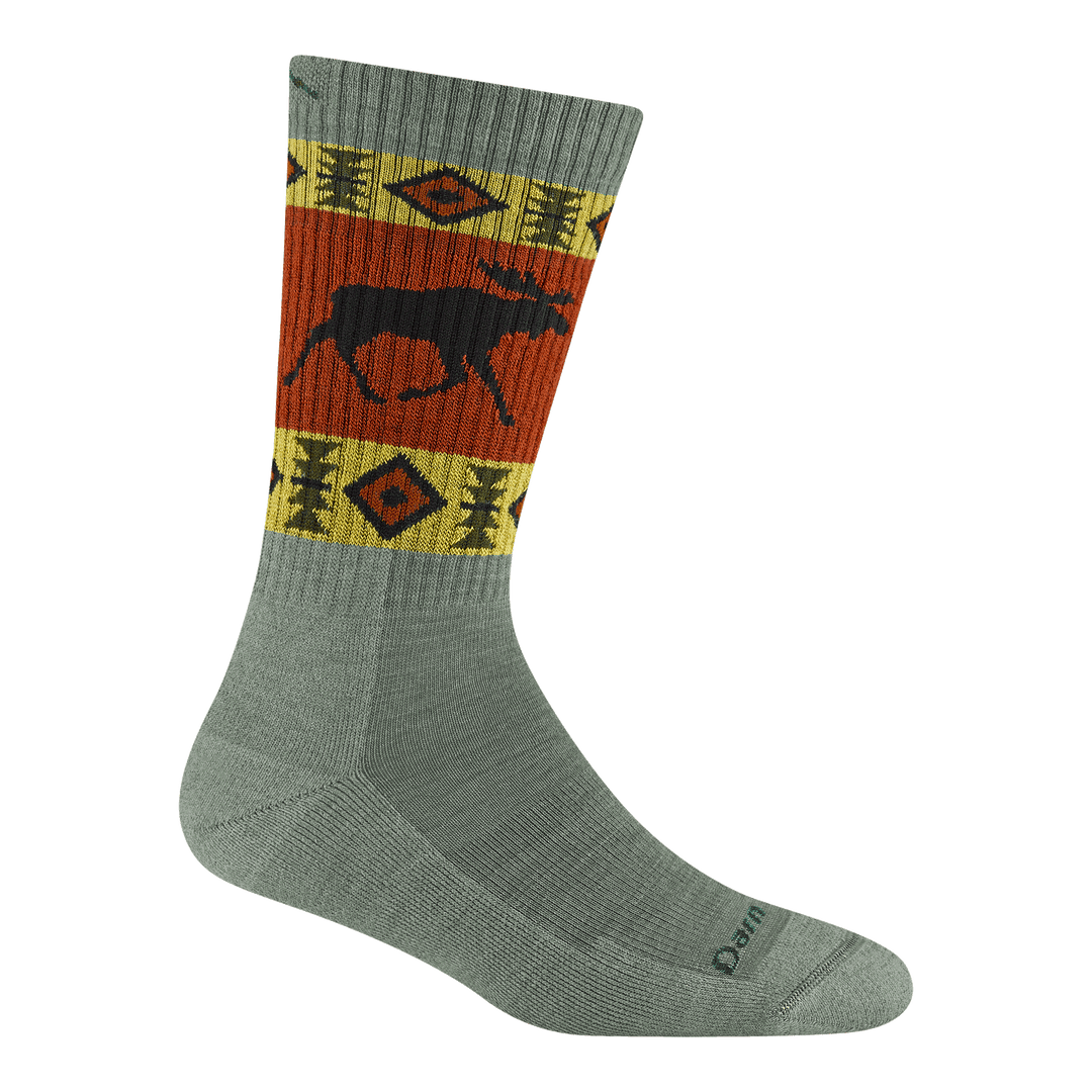 5017 vanna grizzle boot sock in moosemeadow green with yellow stripe and design with a moose on the calf