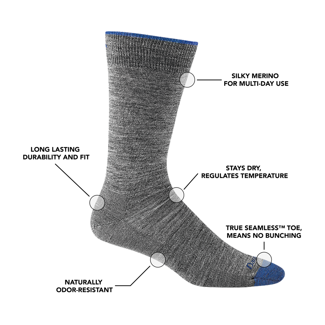Image of Men's Solid Basic Lightweight Crew Lifestyle sock in Gray calling out all of the features of the sock.