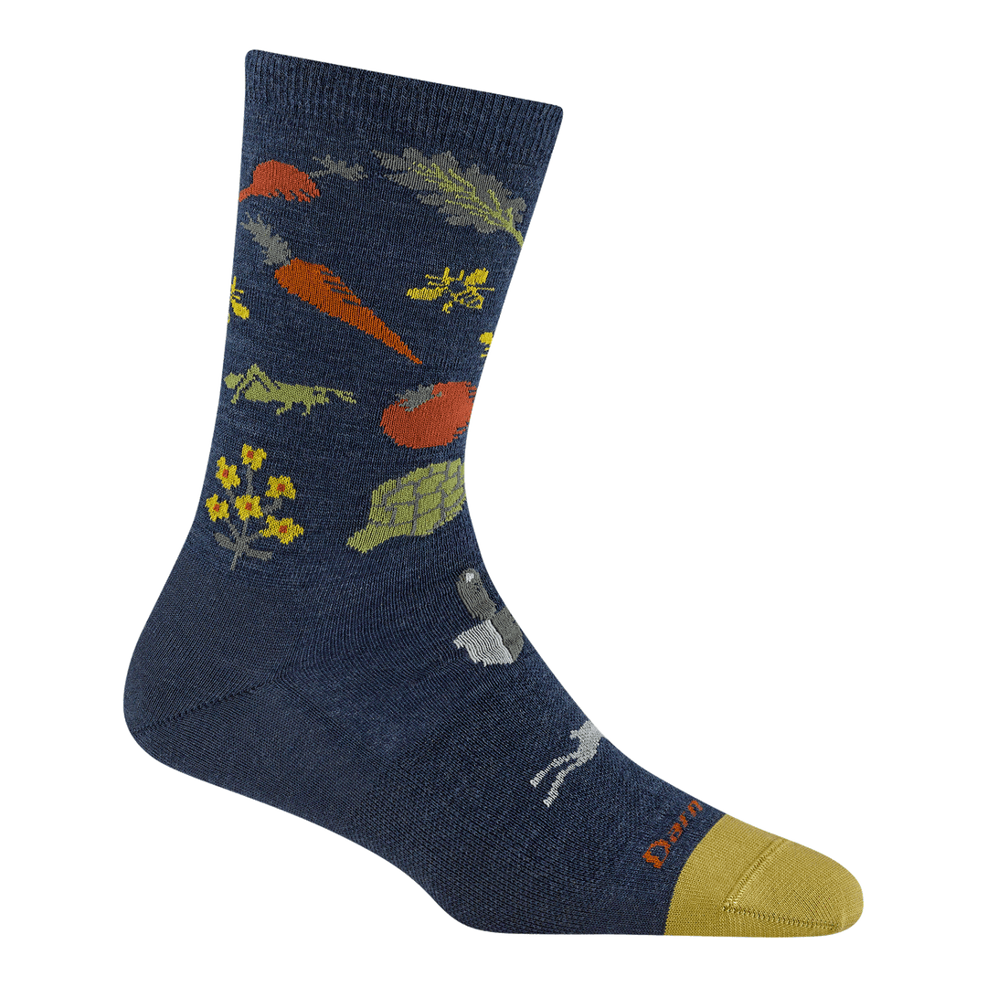 6054 women's farmer's market crew lifestyle sock in color Indigo with yellow toe accent and vegetable designs