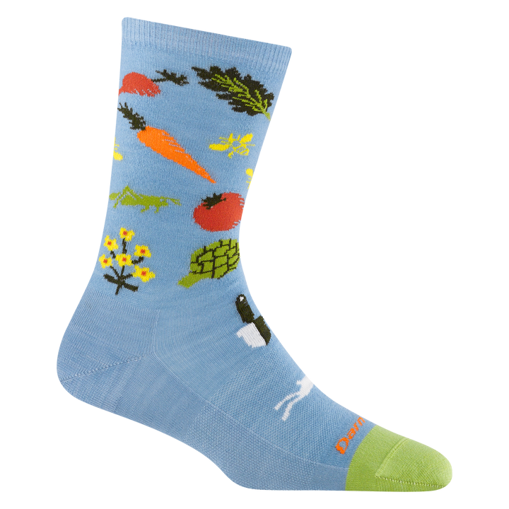 6054 women's farmer's market crew lifestyle sock in color sky blue with light green toe accent and vegetable designs
