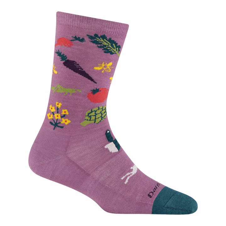 6054 women's farmer's market crew lifestyle sock in color violet with teal toe accent and vegetable designs