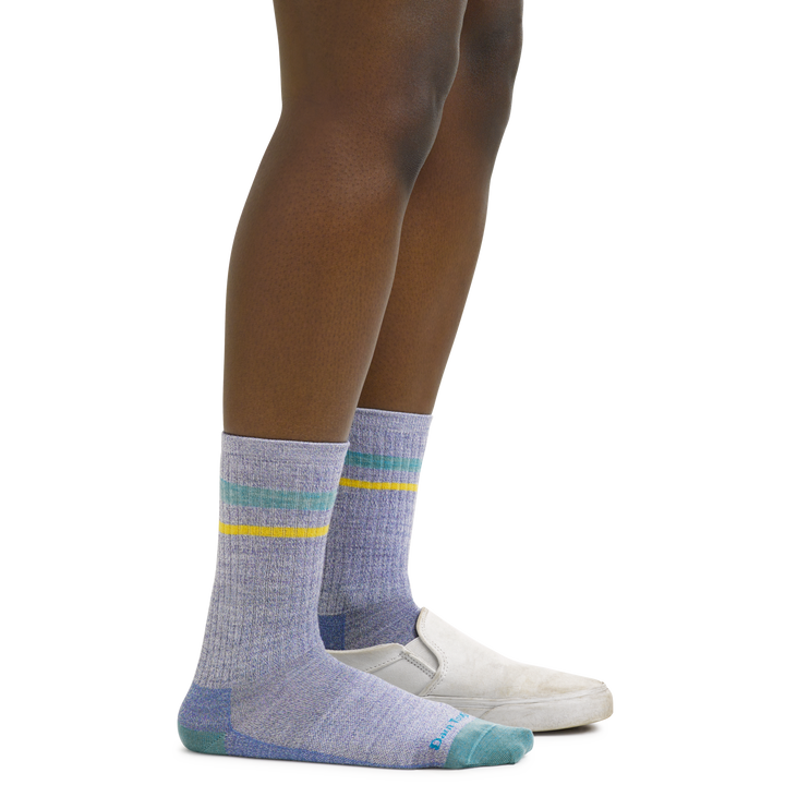 Women's Letterman soft casual socks in light denim on foot with low-tops