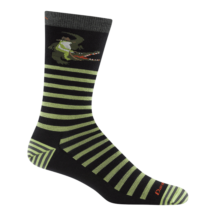 6066 animal haus crew sock in gator green featuring striped heel/toe with dark green body light green stripes with frog riding a gator on the leg