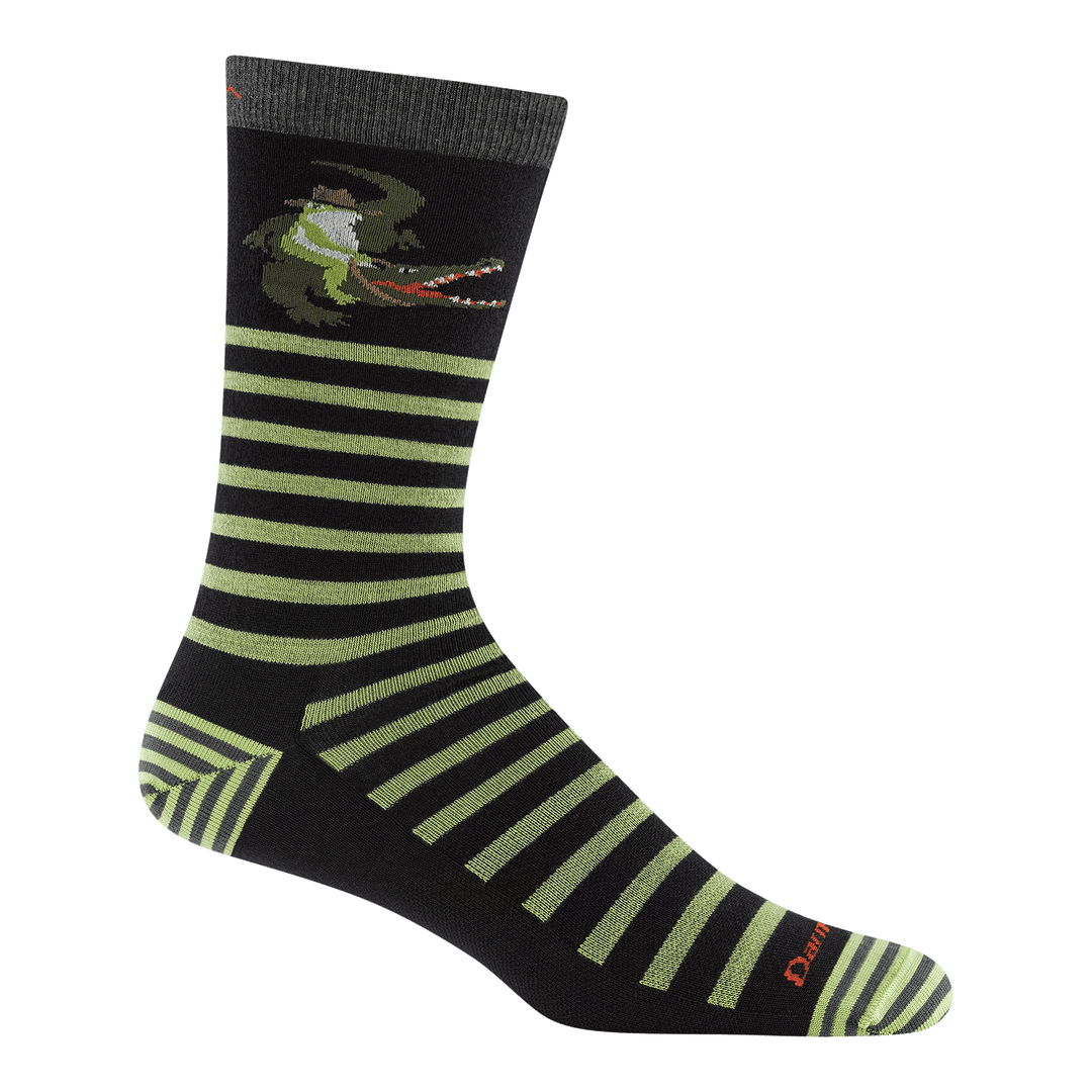6066 animal haus crew sock in gator green featuring striped heel/toe with dark green body light green stripes with frog riding a gator on the leg
