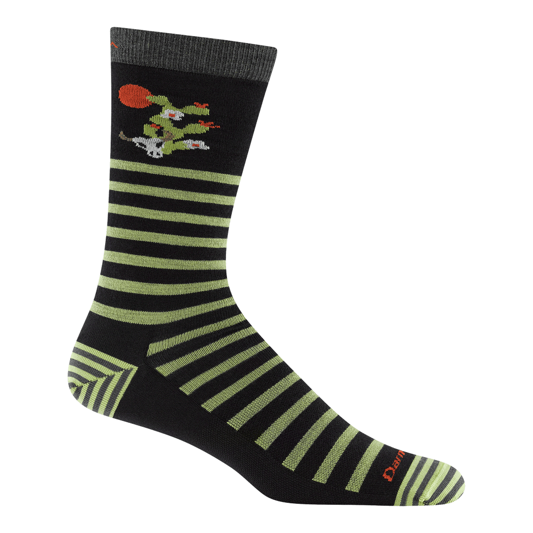 reverse 6066 animal haus crew sock in gator green featuring a striped heel/toe  dark green body with light green stripes and a cactus on the leg