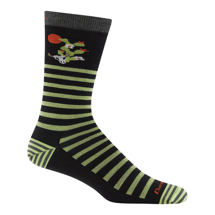 reverse 6066 animal haus crew sock in gator green featuring a striped heel/toe  dark green body with light green stripes and a cactus on the leg