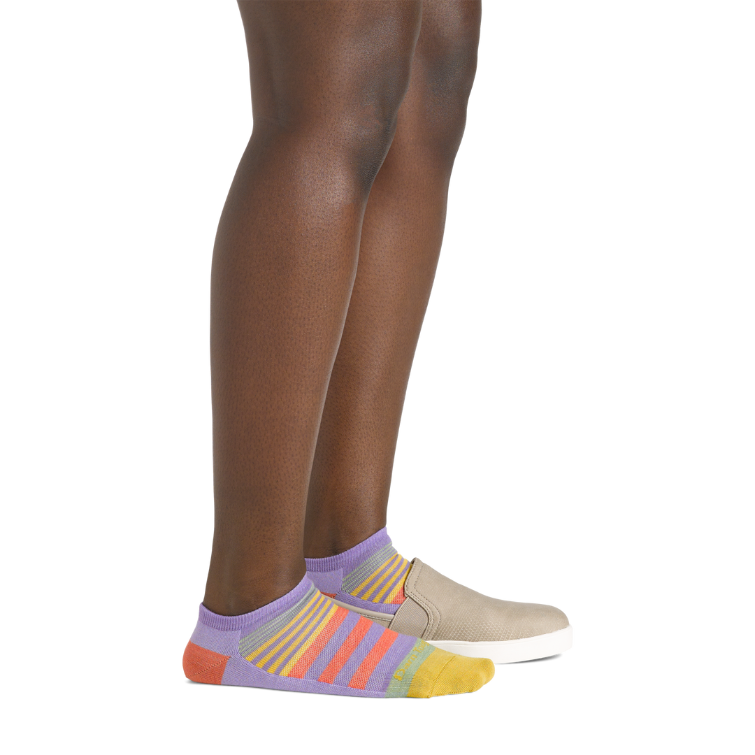 6073 women's beachcomber no show socks with stripes in lavender on foot with sneakers