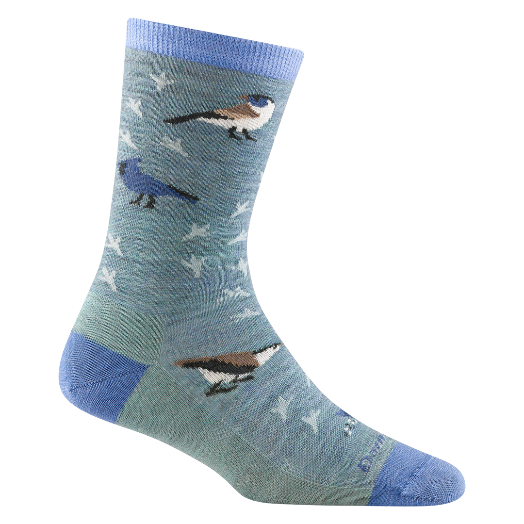 6087 women's twitterpated crew lifestyle sock in seafoam with light blue accents and blue and brown bird designs