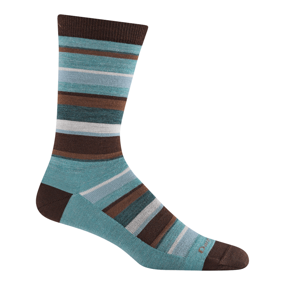 6090 men's druid crew lifestyle sock in aqua with brown toe/heel accents and brown, white and blue striping