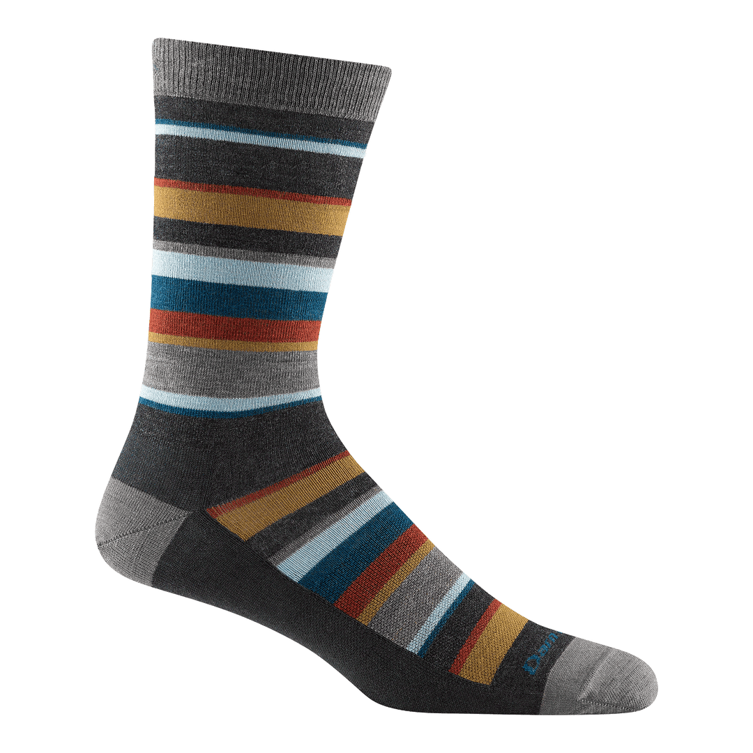 6090 men's druid crew lifestyle sock in charcoal with light gray toe/heel accents and gold, blue, and red striping