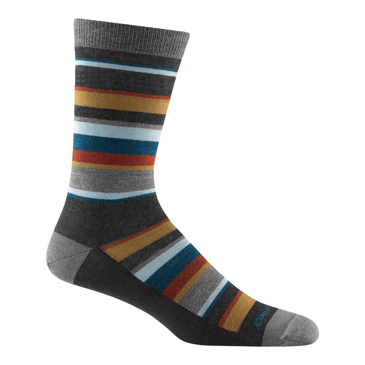 6090 men's druid crew lifestyle sock in charcoal with light gray toe/heel accents and gold, blue, and red striping