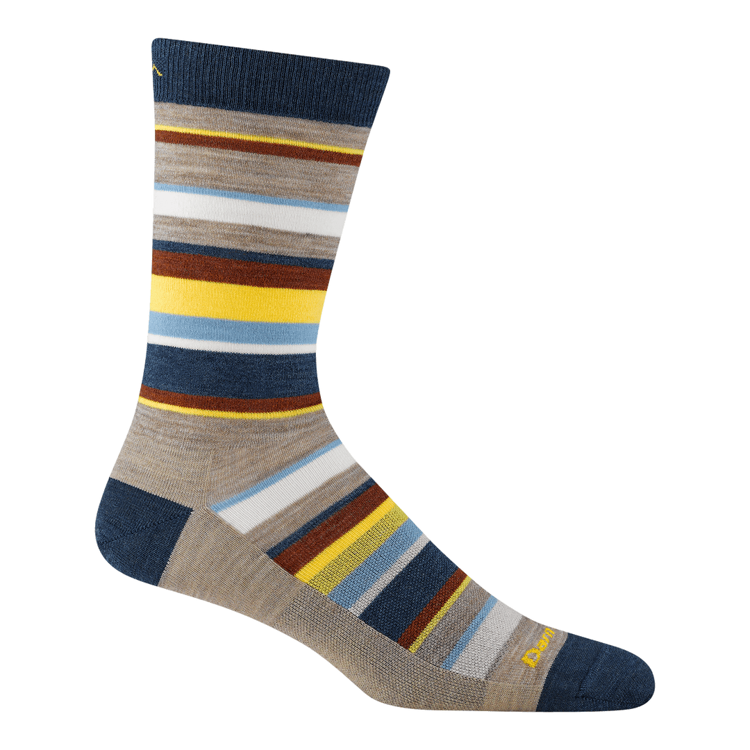 6090 Druid crew sock in Rye with an light brown body blue heel/toe/cuff with red/yellow/blue stripes along body. 