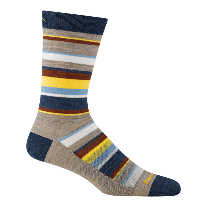 6090 Druid crew sock in Rye with an light brown body blue heel/toe/cuff with red/yellow/blue stripes along body. 