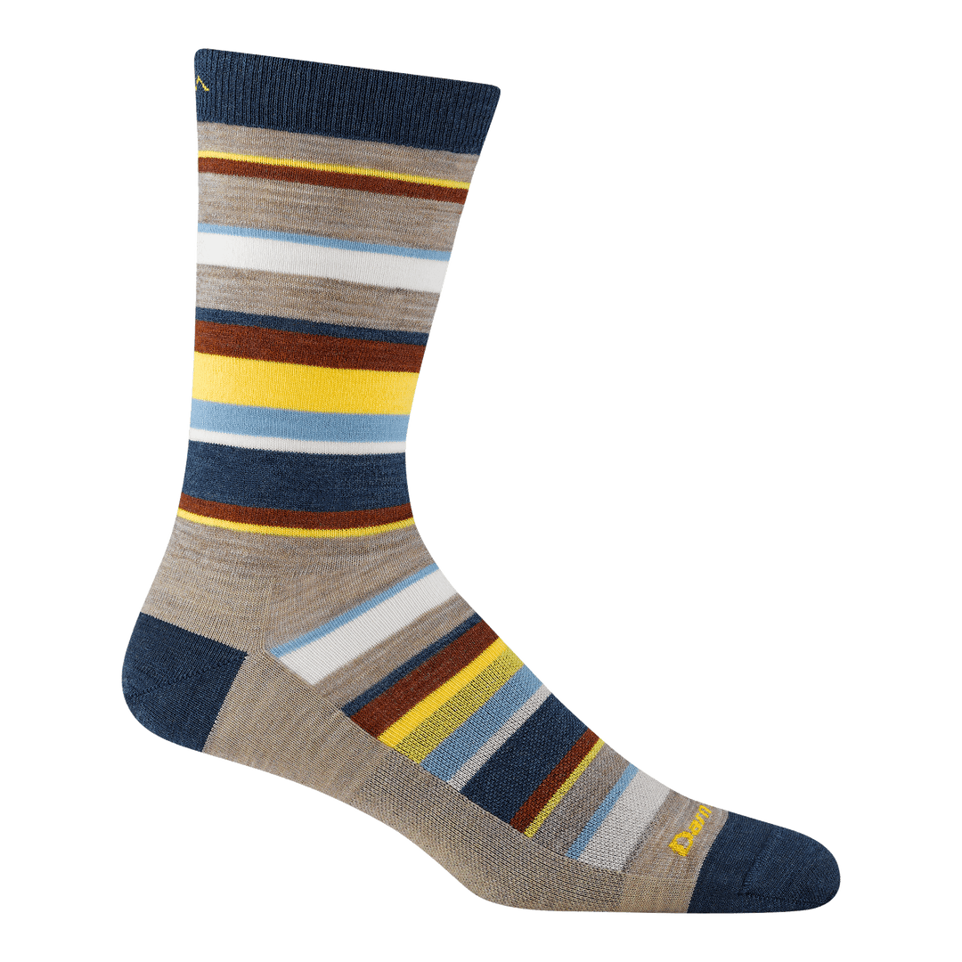 6090 men's druid crew lifestyle sock in rye with navy toe/heel accents and yellow, blue and white striping