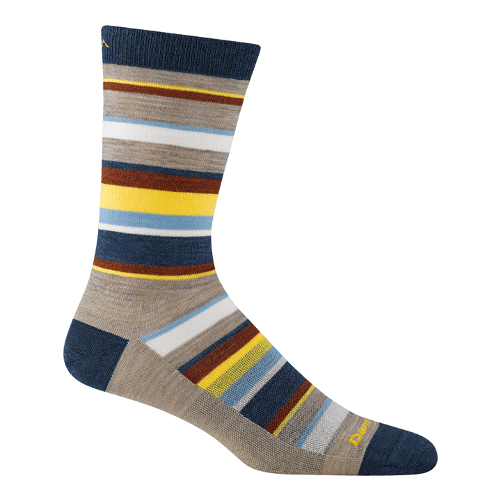 6090 men's druid crew lifestyle sock in rye with navy toe/heel accents and yellow, blue and white striping