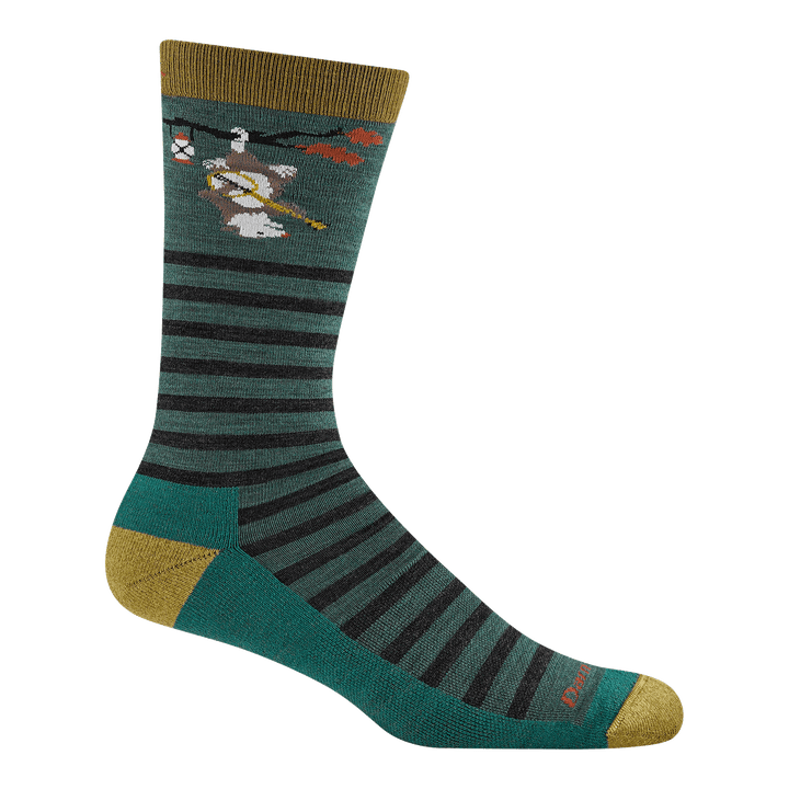 Reverse 6096 wild life in Fox teal featuring a Teal body yellow heel/toe and black stripes with a possum playing the banjo