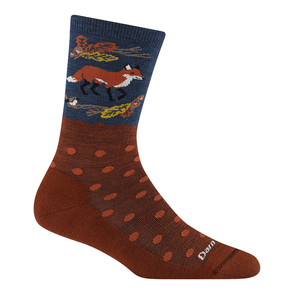 6105 women's wild life micro crew lifestyle sock in Fall Foliage red with fox walking through the fall leaves