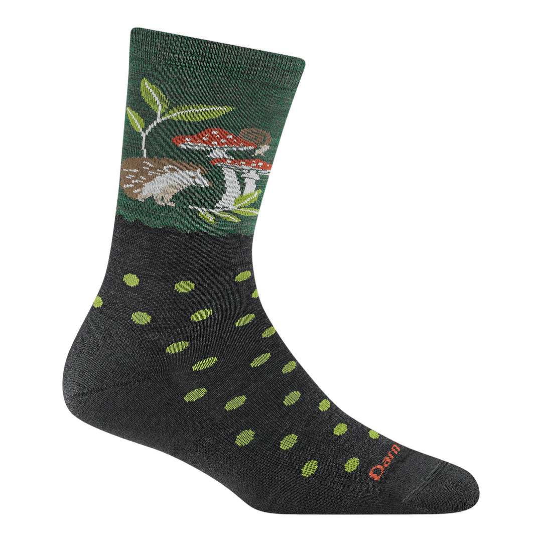 6105 women's wild life micro crew lifestyle sock in hedgehog moss with a hedgehog sitting under mushrooms 