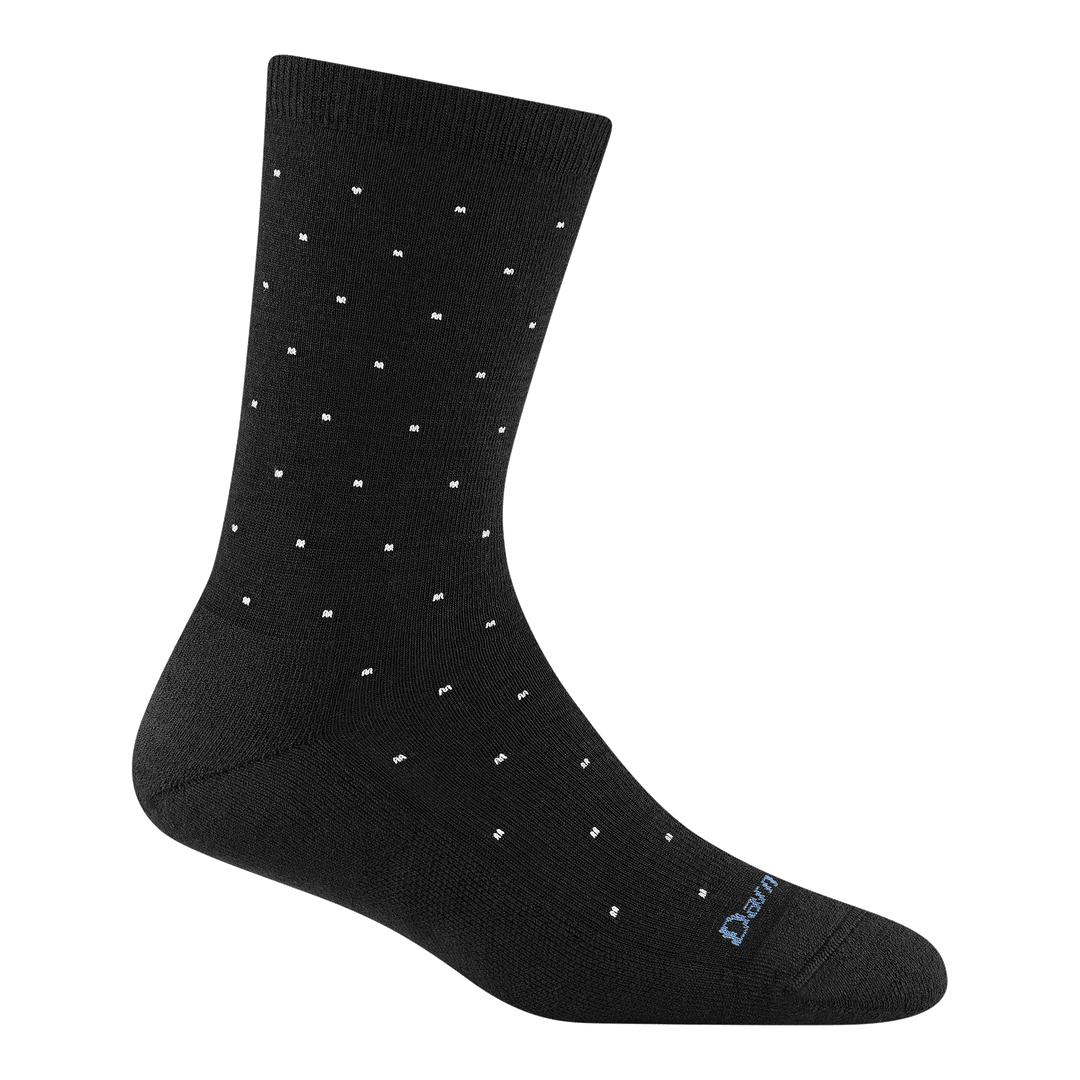 6110 Pin Drop crew in Black featuring a black body and white dot all over with a light blue logo