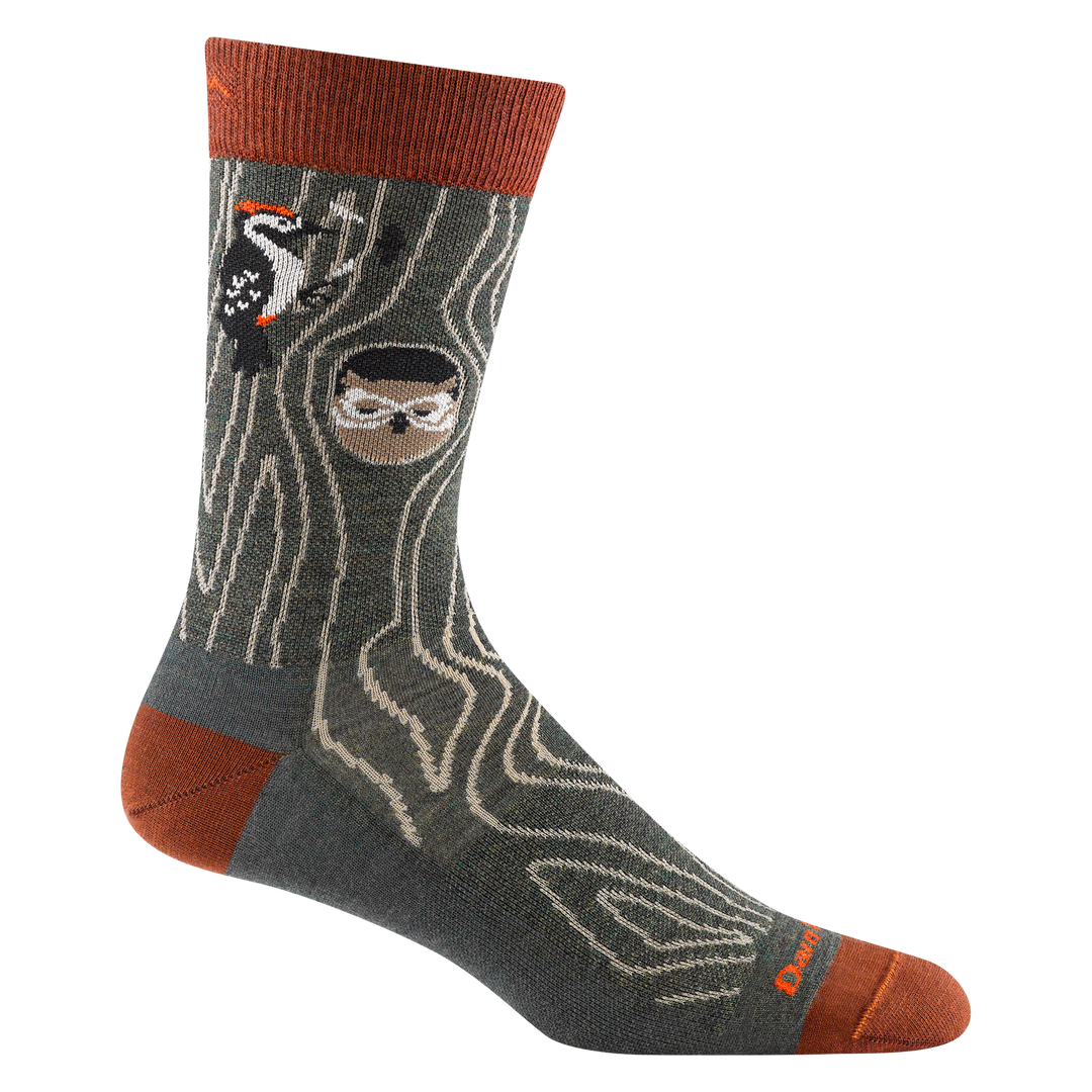 6111 Woody Crew in Forest featuring an orange heel/toe/cuff with gray body and a woodpecker and owl design