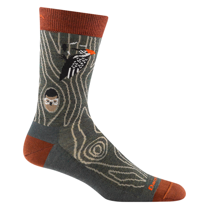 reverse 6111 Woody Crew in Forest featuring an orange heel/toe/cuff with gray body and a woodpecker and owl design