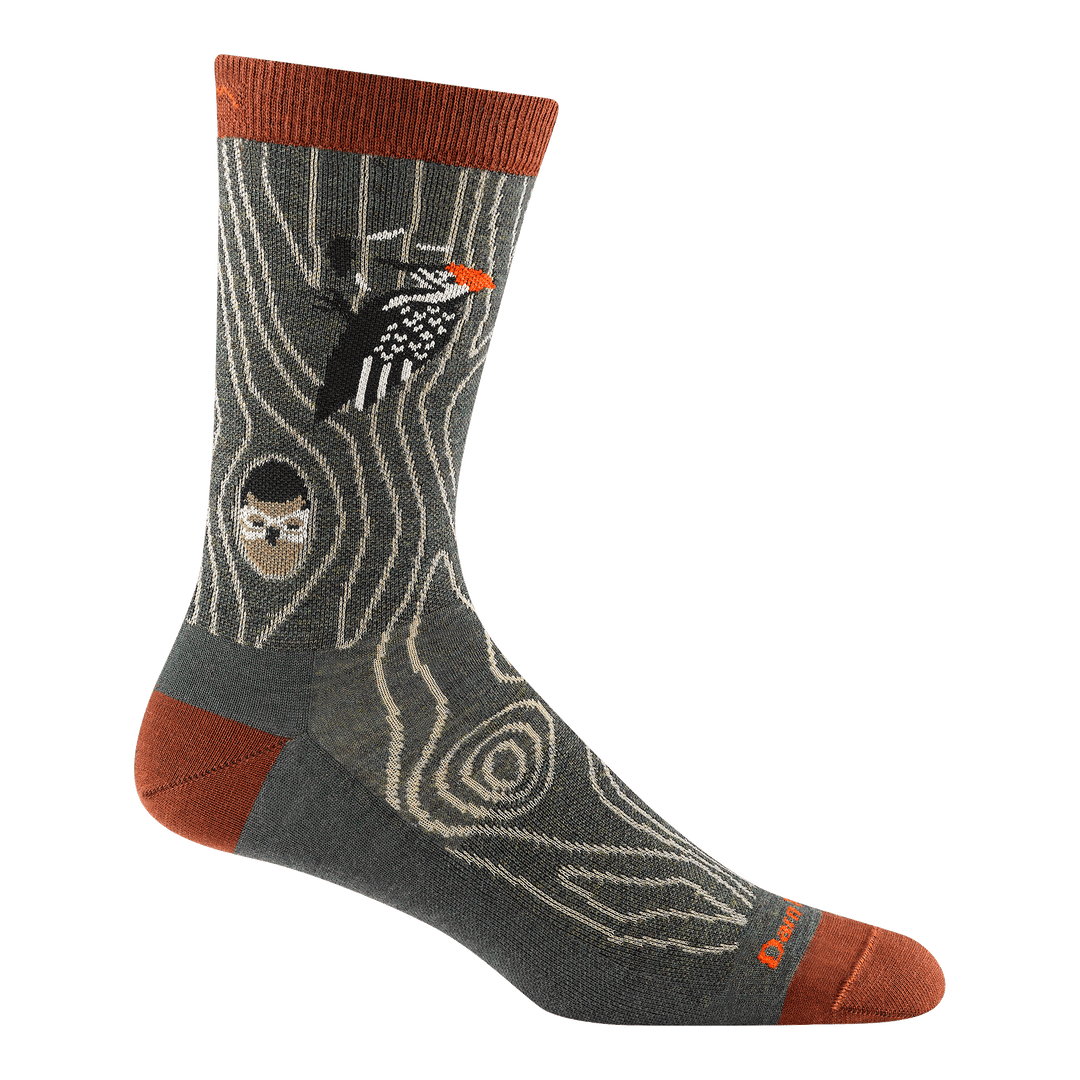 reverse 6111 Woody Crew in Forest featuring an orange heel/toe/cuff with gray body and a woodpecker and owl design