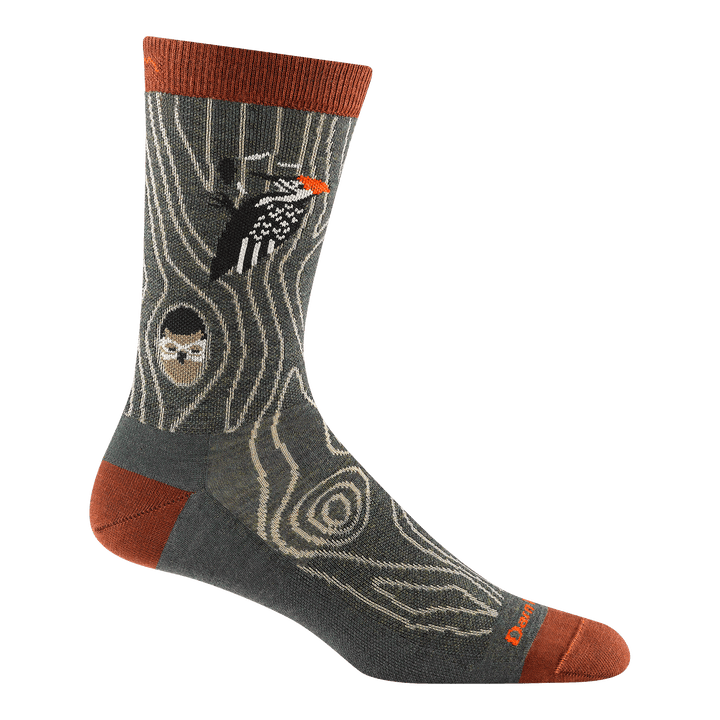 reverse 6111 Woody Crew in Forest featuring an orange heel/toe/cuff with gray body and a woodpecker and owl design