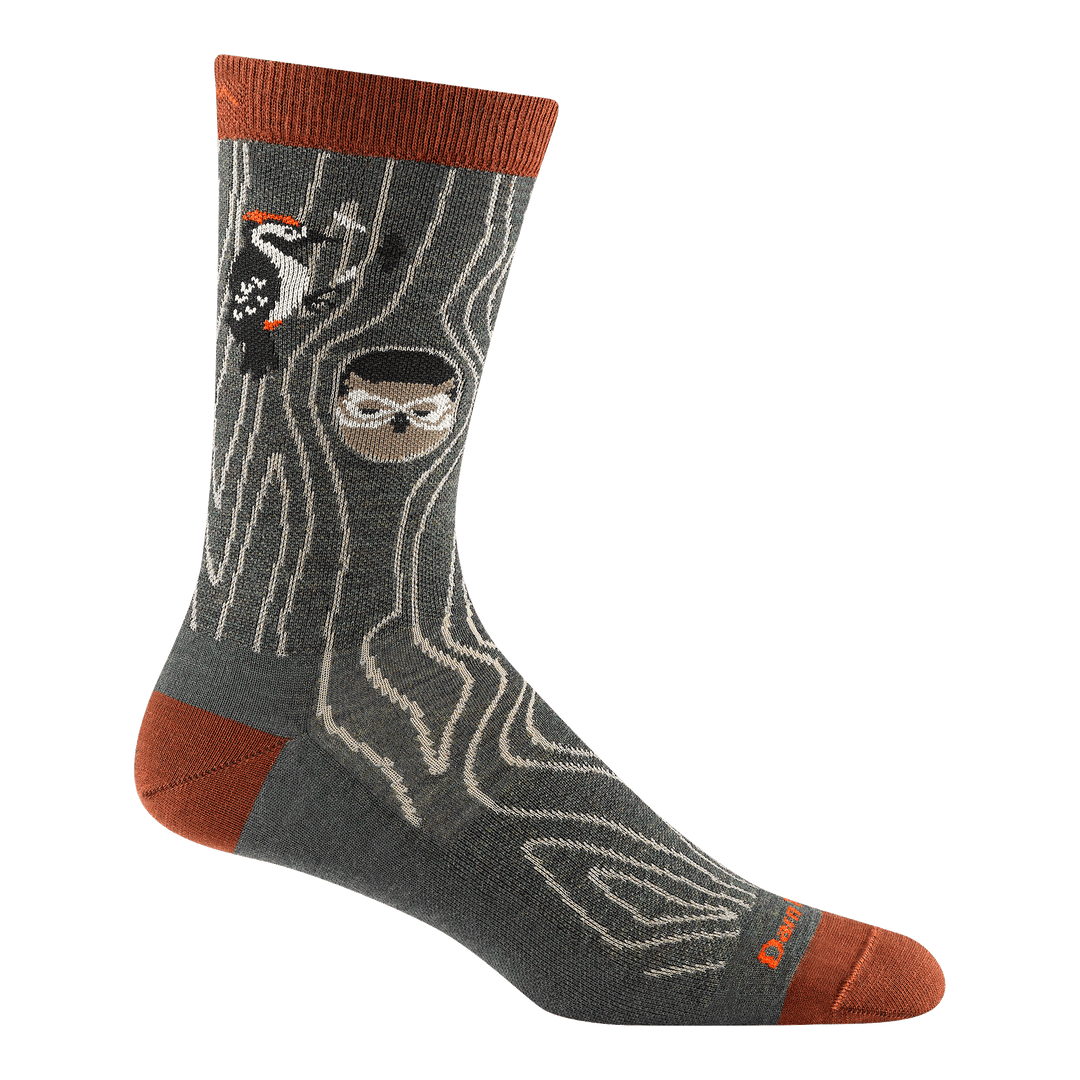 6111 Woody Crew in Forest featuring an orange heel/toe/cuff with gray body and a woodpecker and owl design