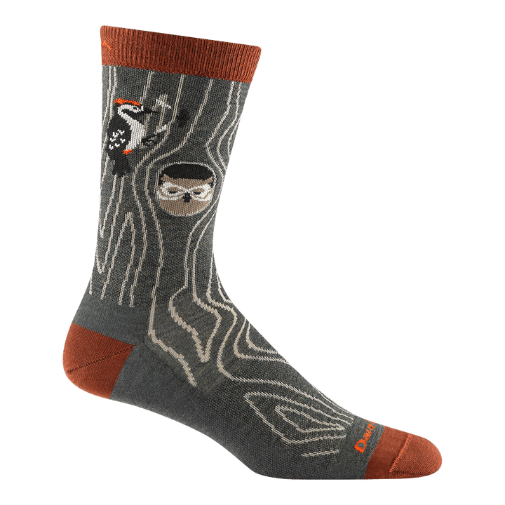6111 Woody Crew in Forest featuring an orange heel/toe/cuff with gray body and a woodpecker and owl design