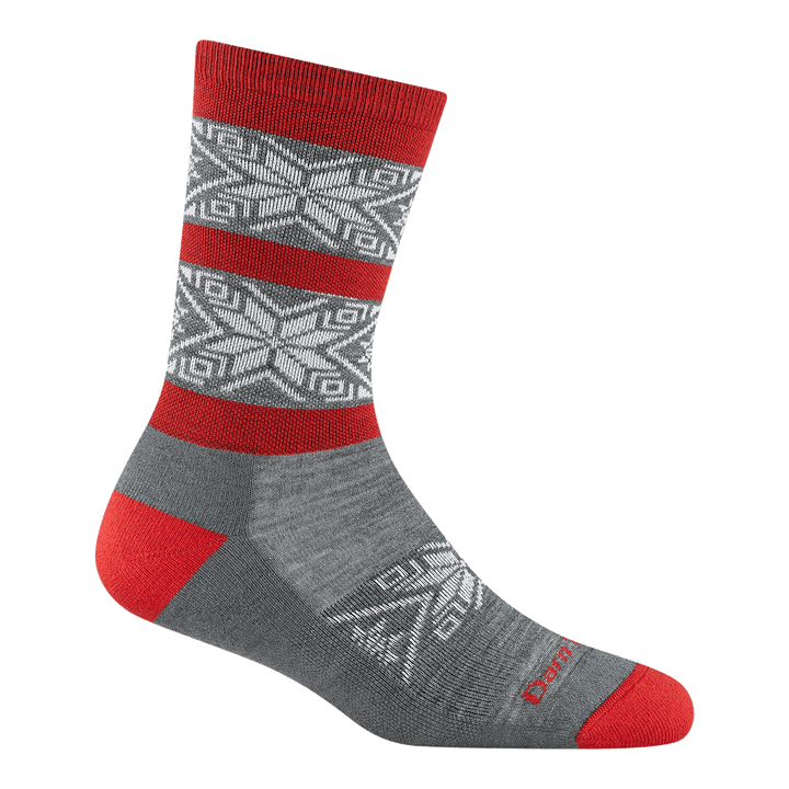 6129 Elsa Lightweight Crew sock featuring a gray body red heel/toe/stripe and white snowflake design on ankle