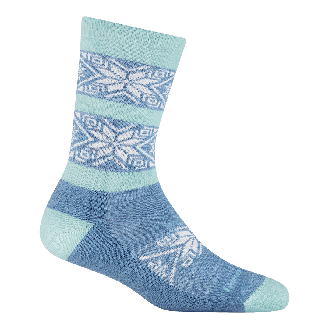 6129 Elsa Crew Lightweight with Cushion in vapor featuring a blue body aqua heel/toe and white snowflakes of ankle