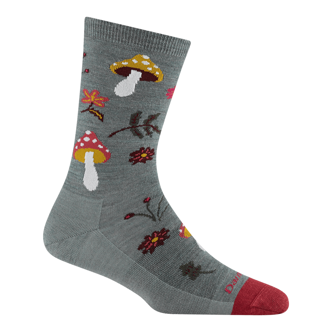 6133 shroom bloom crew in seafoam featuring a red toe green body with mushrooms leaves and flowers all over