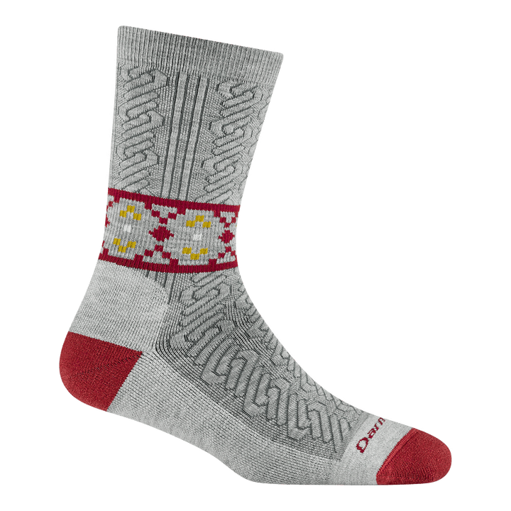 6141 Nordic Twist Crew Lightweight with Cushion in ash featuring light gray body red heel/toe and drop stitch cable design and argyle band 