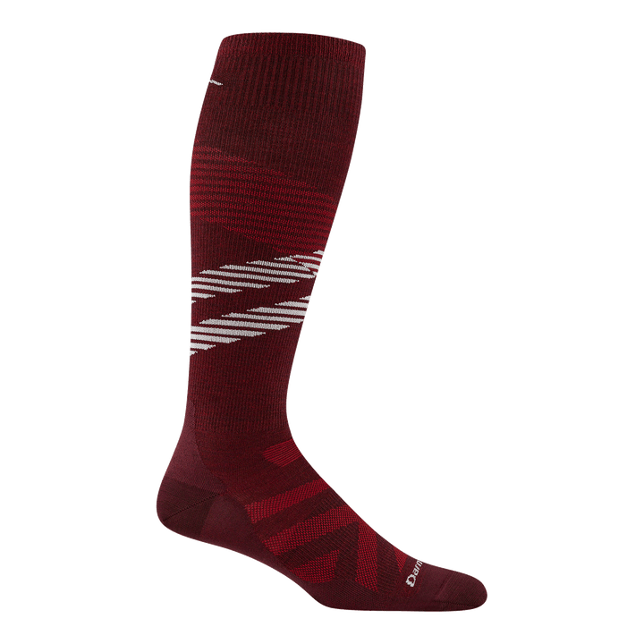 8002 men's pennant RFL over-the-calf ski sock in burgundy with black chevron forefoot and white and red stripes across calf
