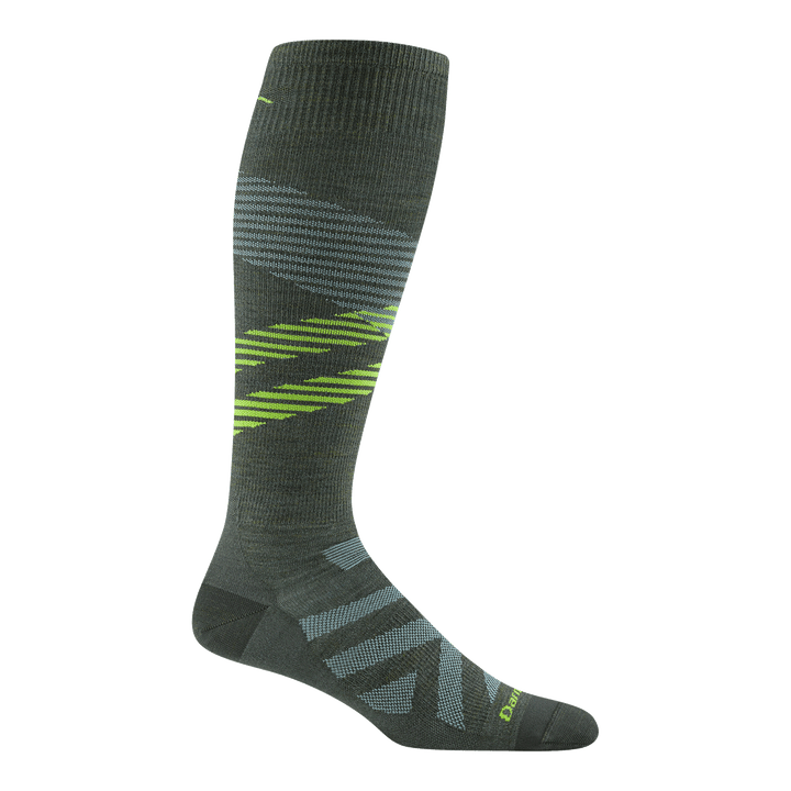 8002 Pennant RFL Over- the-Calf Ski and snowboard sock in Forest featuring dark green heel/toe pine green body with bright green stripes on the leg
