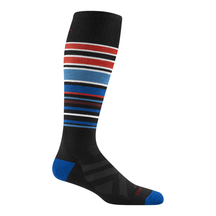 8017 Snow pack over-the-Calf ski and snowboard sock in black featuring blue heel/toe black body with red white and blue stripes up the leg