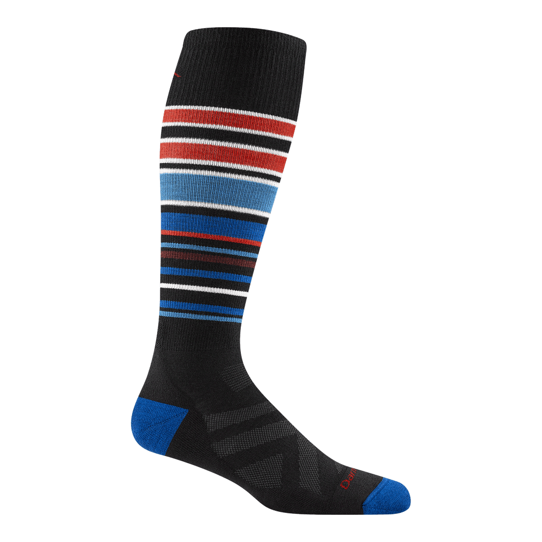8017 Snow pack over-the-Calf ski and snowboard sock in black featuring blue heel/toe black body with red white and blue stripes up the leg