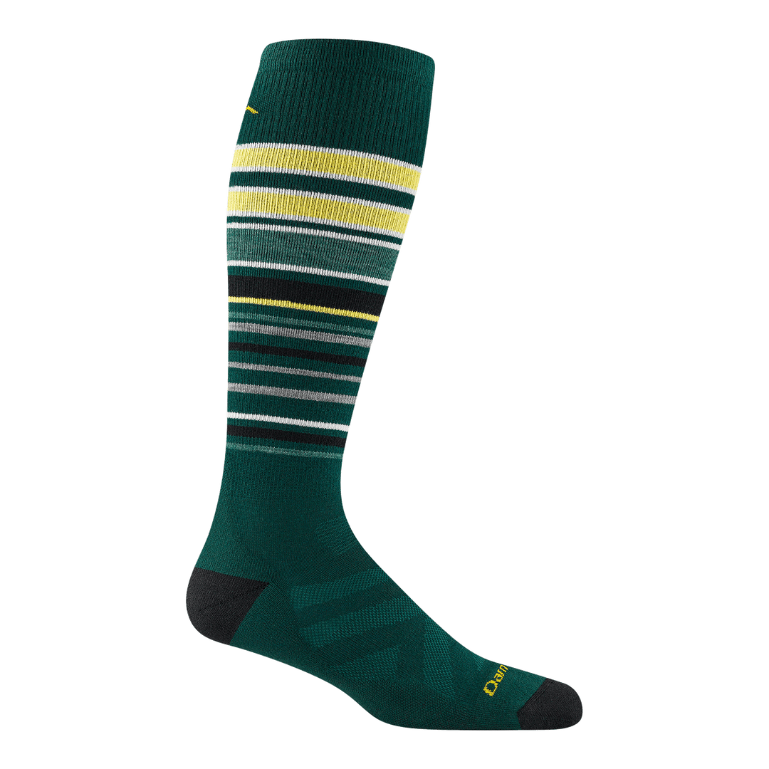 8017 Snowpack over the calf ski and snowboard sock in pine featuring black toe/heel and multi color stripes on leg
