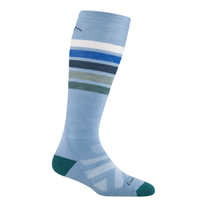 8028 snowburst Over-the-Calf ski and snowboard sock featuring a green heel/toe with light blue body and blue gray and green stripes on the calf