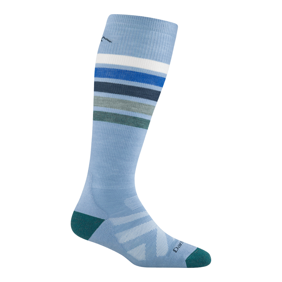 8028 snowburst Over-the-Calf ski and snowboard sock featuring a green heel/toe with light blue body and blue gray and green stripes on the calf